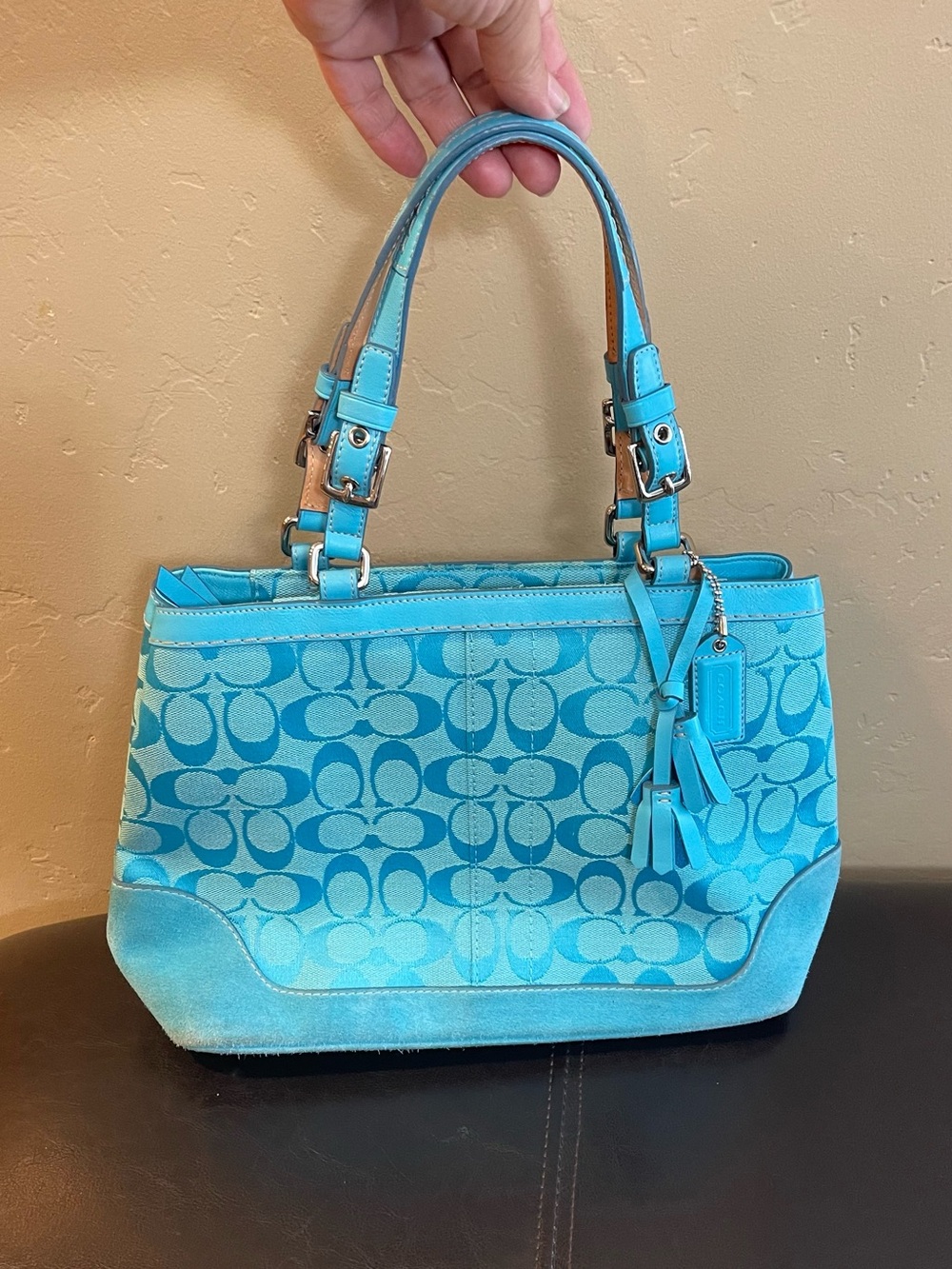 Coach Turquoise blue Signature Jacquard Shoulder suede Tote Tassel vintage y2k